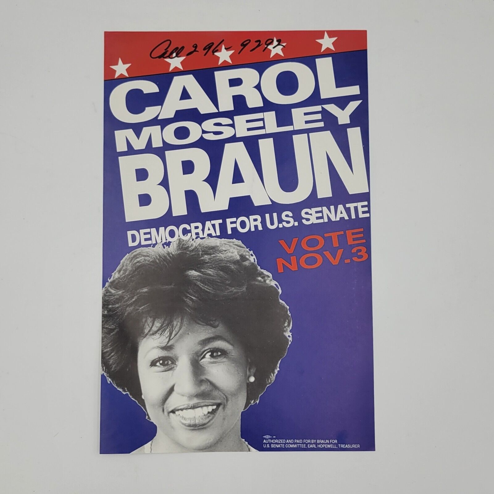Vintage 1992 Carol Moseley Braun Democrat for Senate Campaign Poster Illinois
