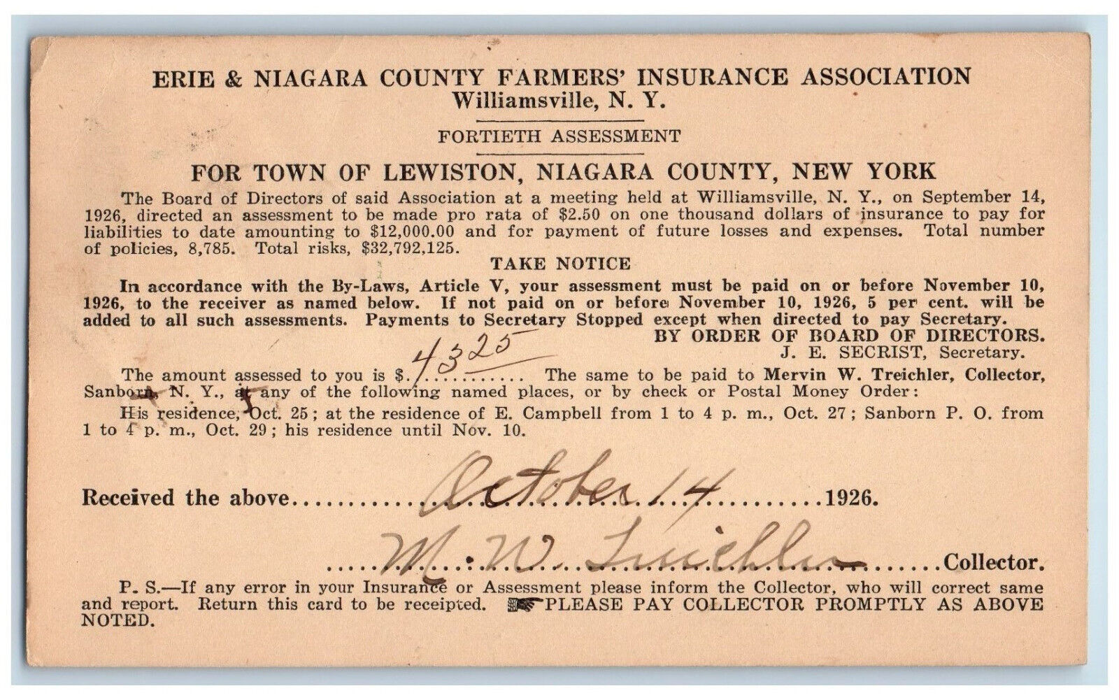 1926 Erie & Niagara County Farmers Insurance Assoc Williamsville NY Postcard