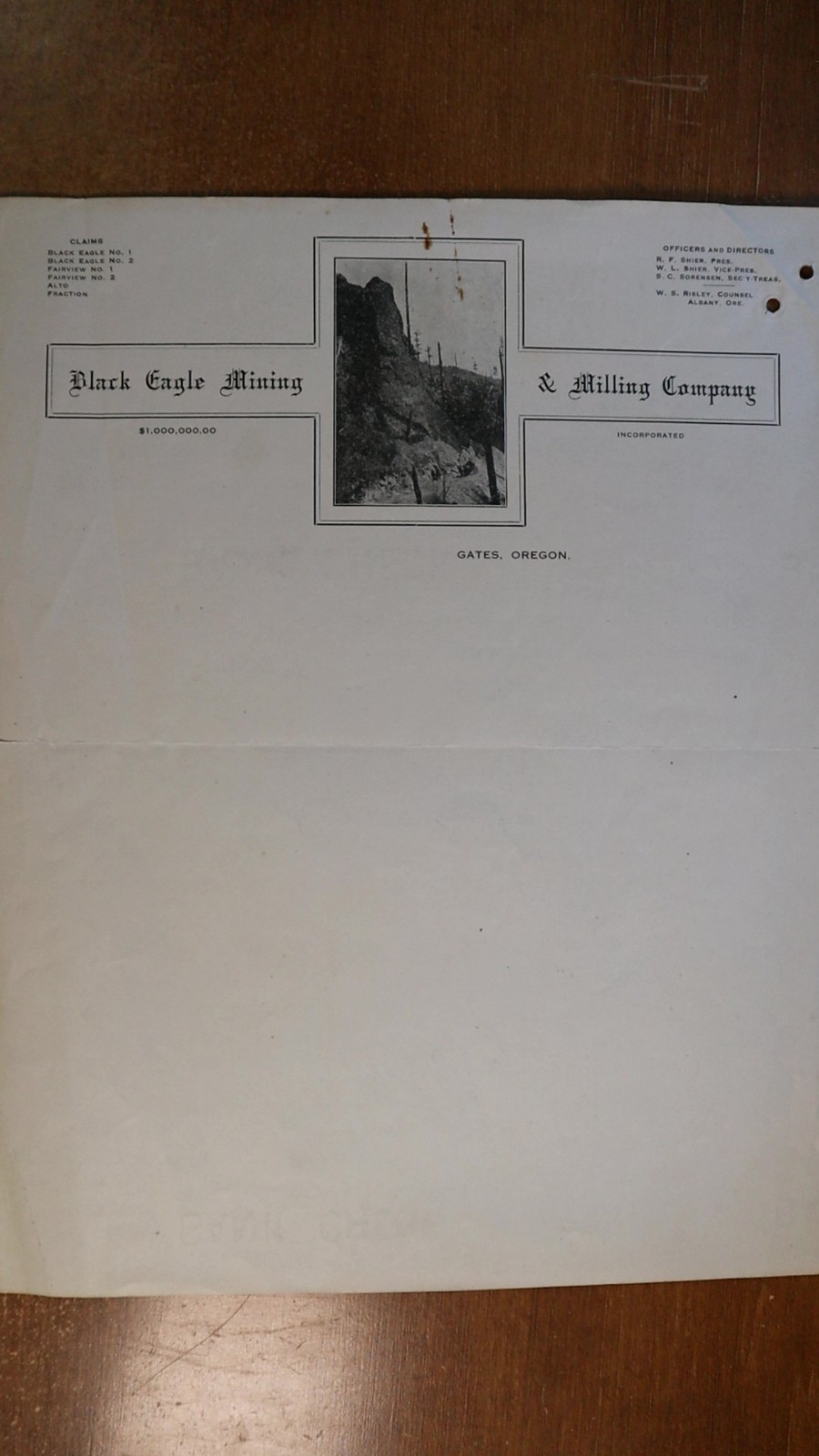 1900s Gates Oregon Black Eagle Mining & Milling Picture Illustrated Letterhead