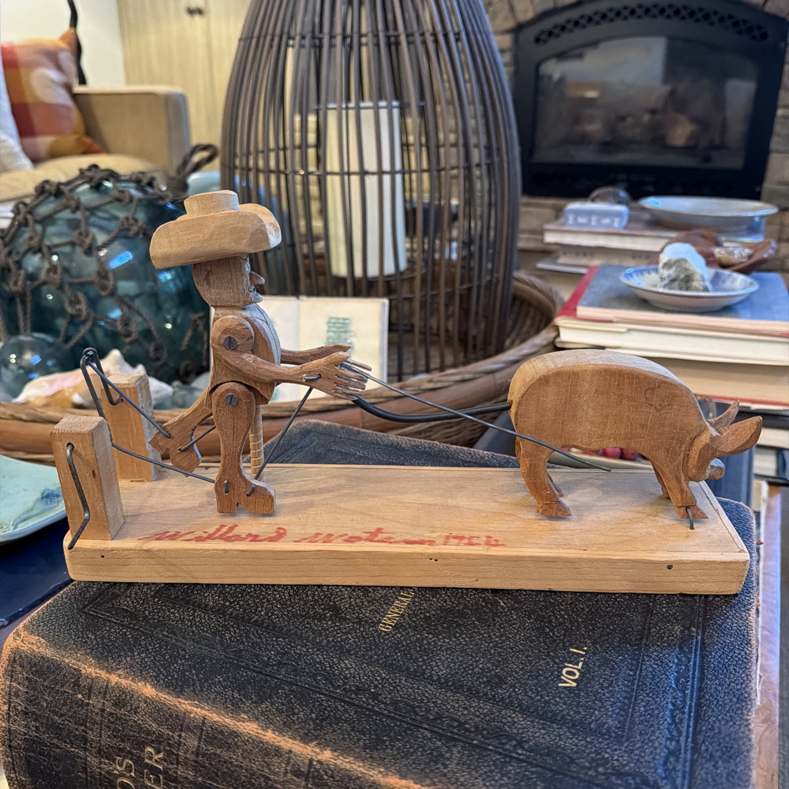 VTG Willard Watson Folk Art Walking Bouncing Pig Farmer Crank Toy Wooden 1954 VTG Willard Watson Folk Art Walking Bouncing Pig Farmer Crank Toy Wooden 1954