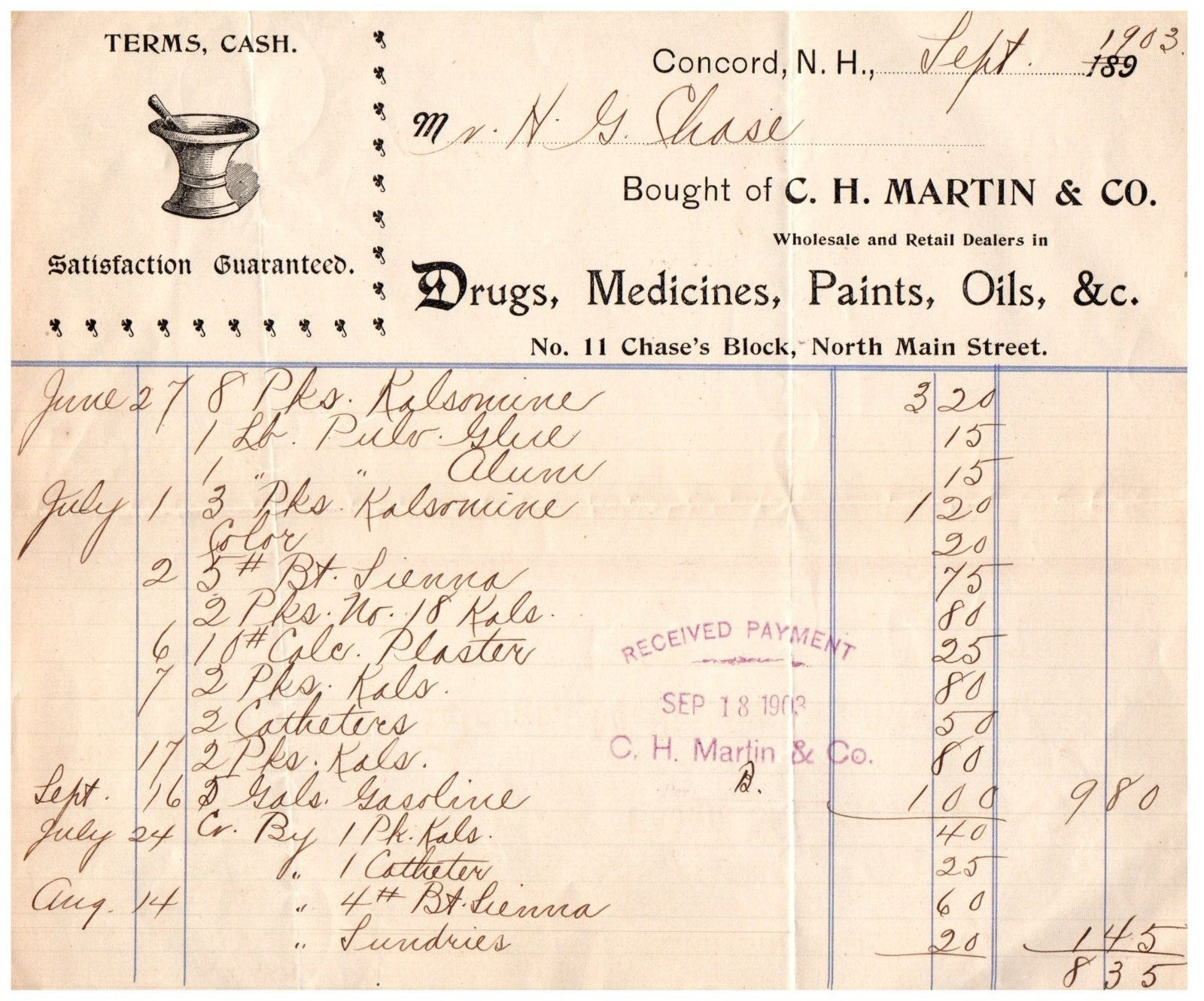 Concord NH C.H. Martin Drugs Medicines Paints Oils Letterhead Receipt 1903