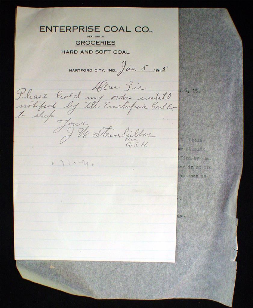1915 Hartford City Ind. Indiana Enterprise Coal Co. Letterhead with Letter