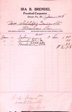 Ira B Brendel Practical Carpenter 1938 Billhead Invoice Denver PA picture