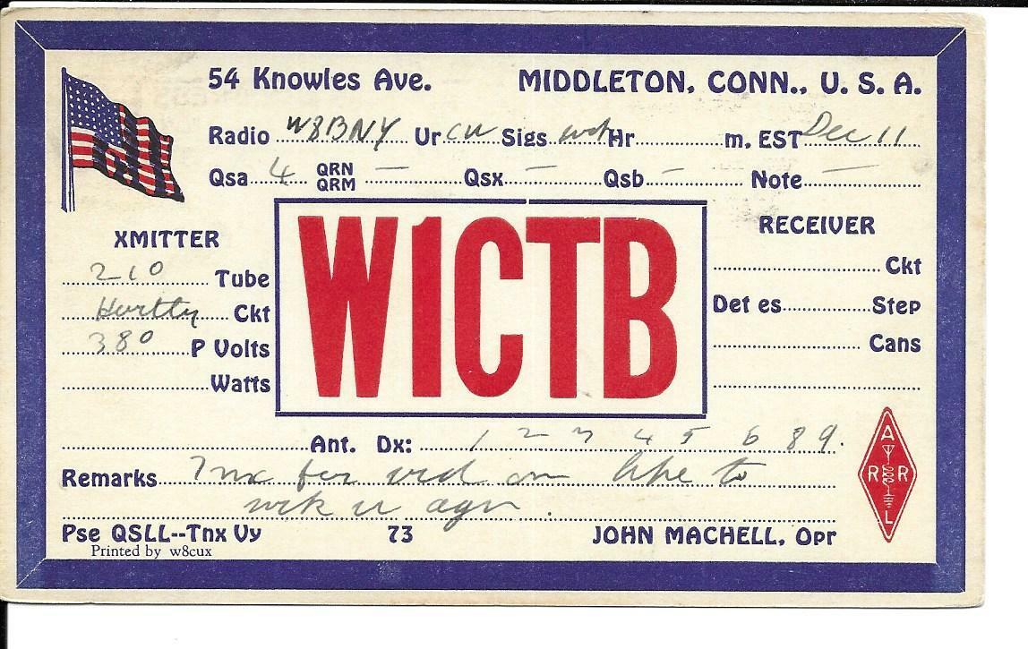 QSL 1929  Middletown CT   radio card   
