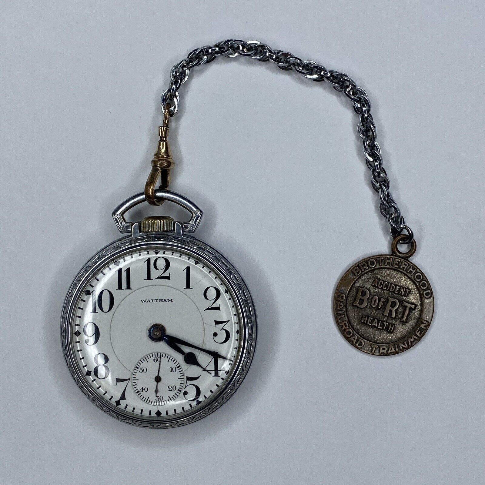 1918 Waltham Railroad Crescent St 16s 21J Pocket Watch w/ Brotherhood Trainmen