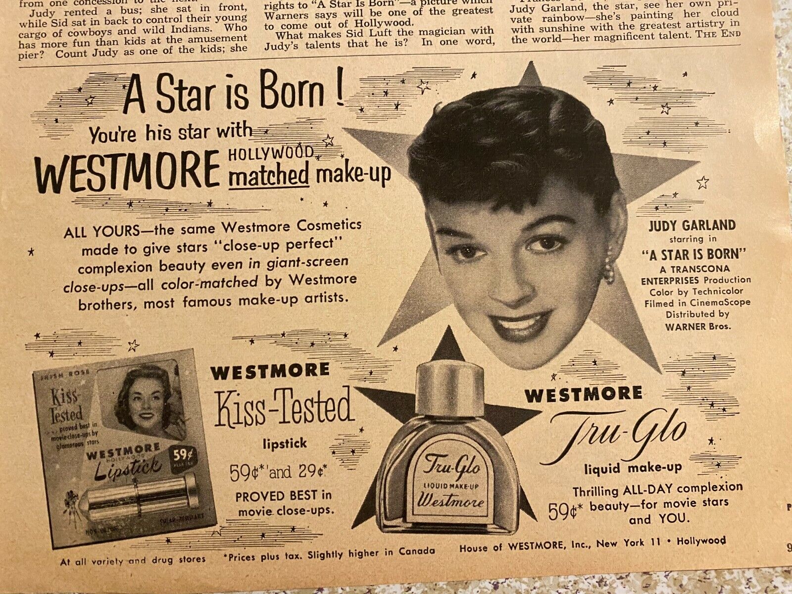 Judy Garland, Westmore Makeup, Half Page Vintage Print Ad