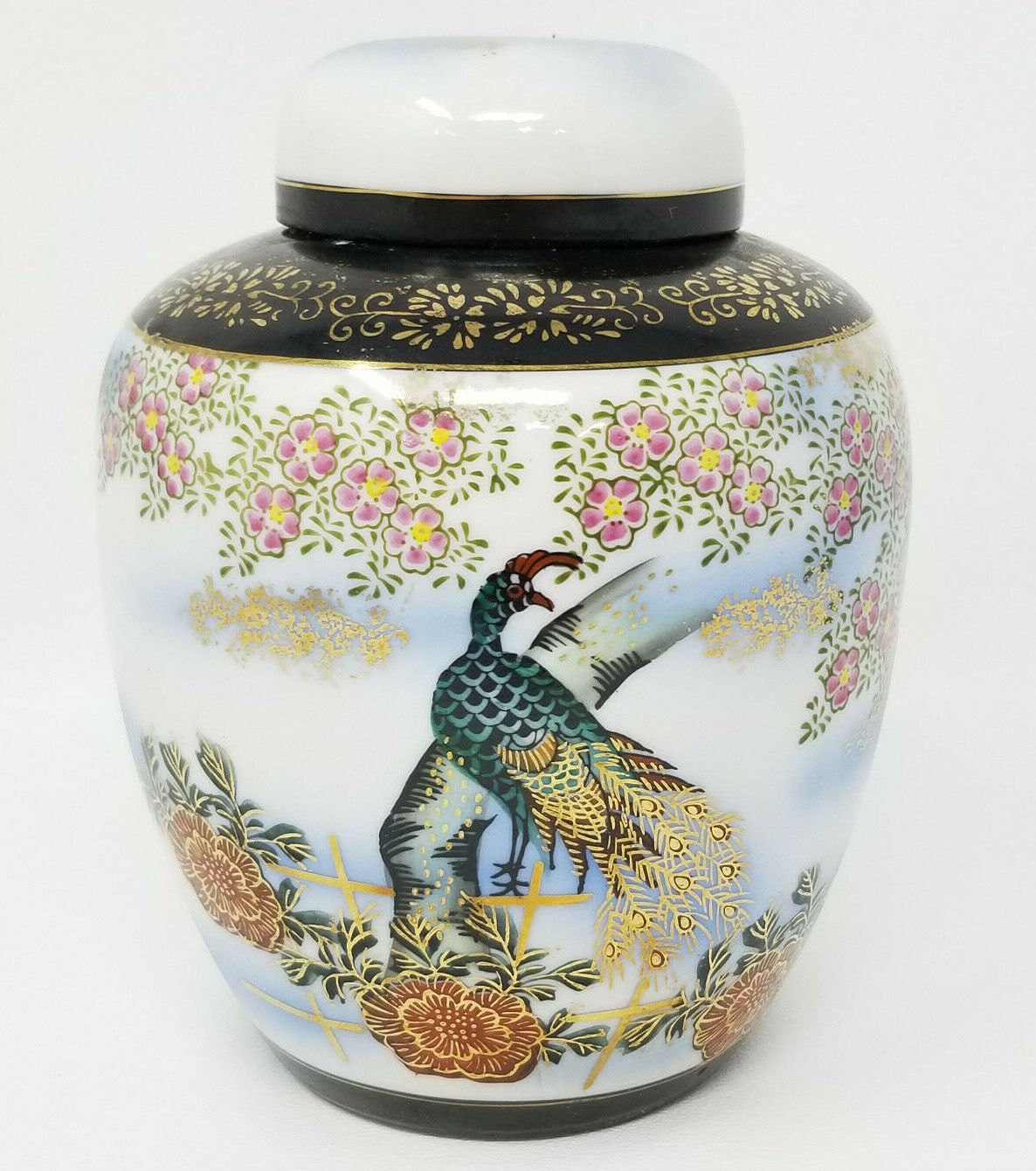 Vintage Gold Highlight Ceramic Asian Peacock Flower Garden Urn Jar