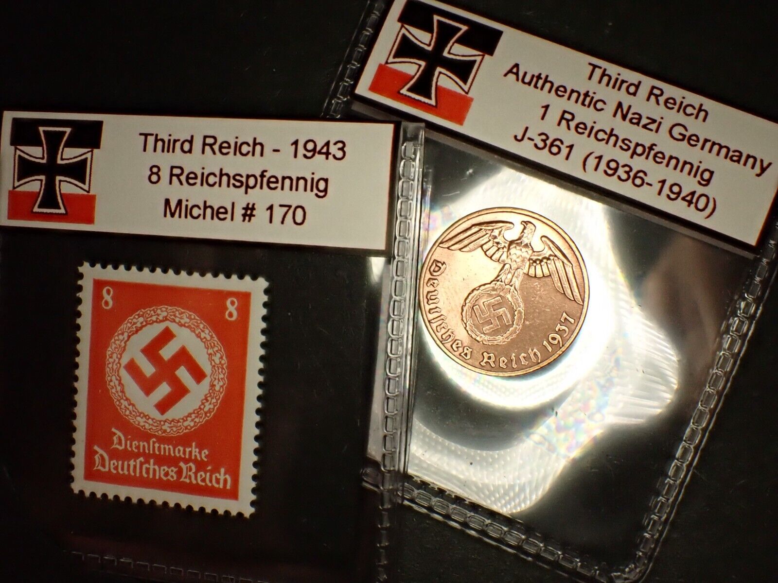 Nazi 1 Reichspfennig Coin and Swastika Stamp Set Third Reich WW2 Germany Lot