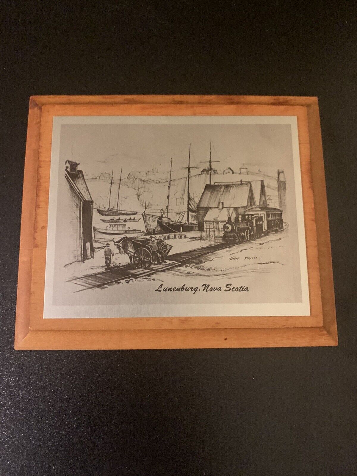 Vtg Print, Wharf Dock Lunenburg, Nova Scotia Metal Plate, Wood Frame Metaline