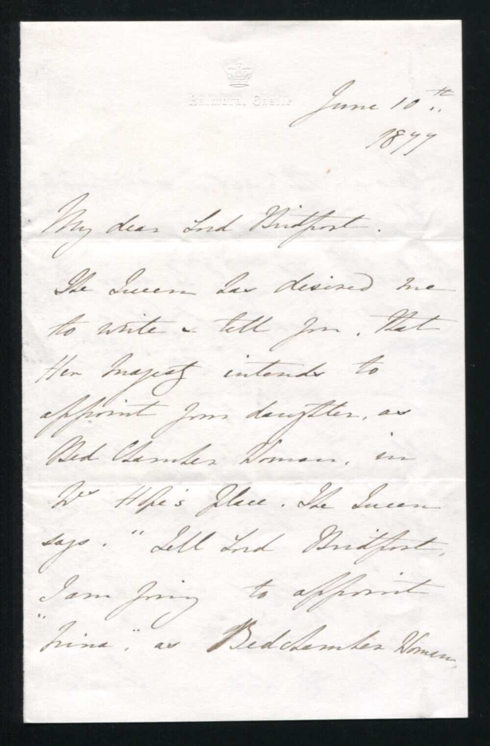 LETTER QUEEN VICTORIA LADY IN WAITING JANE MARCHIONESS ELY LADY BRIDPORT 1877