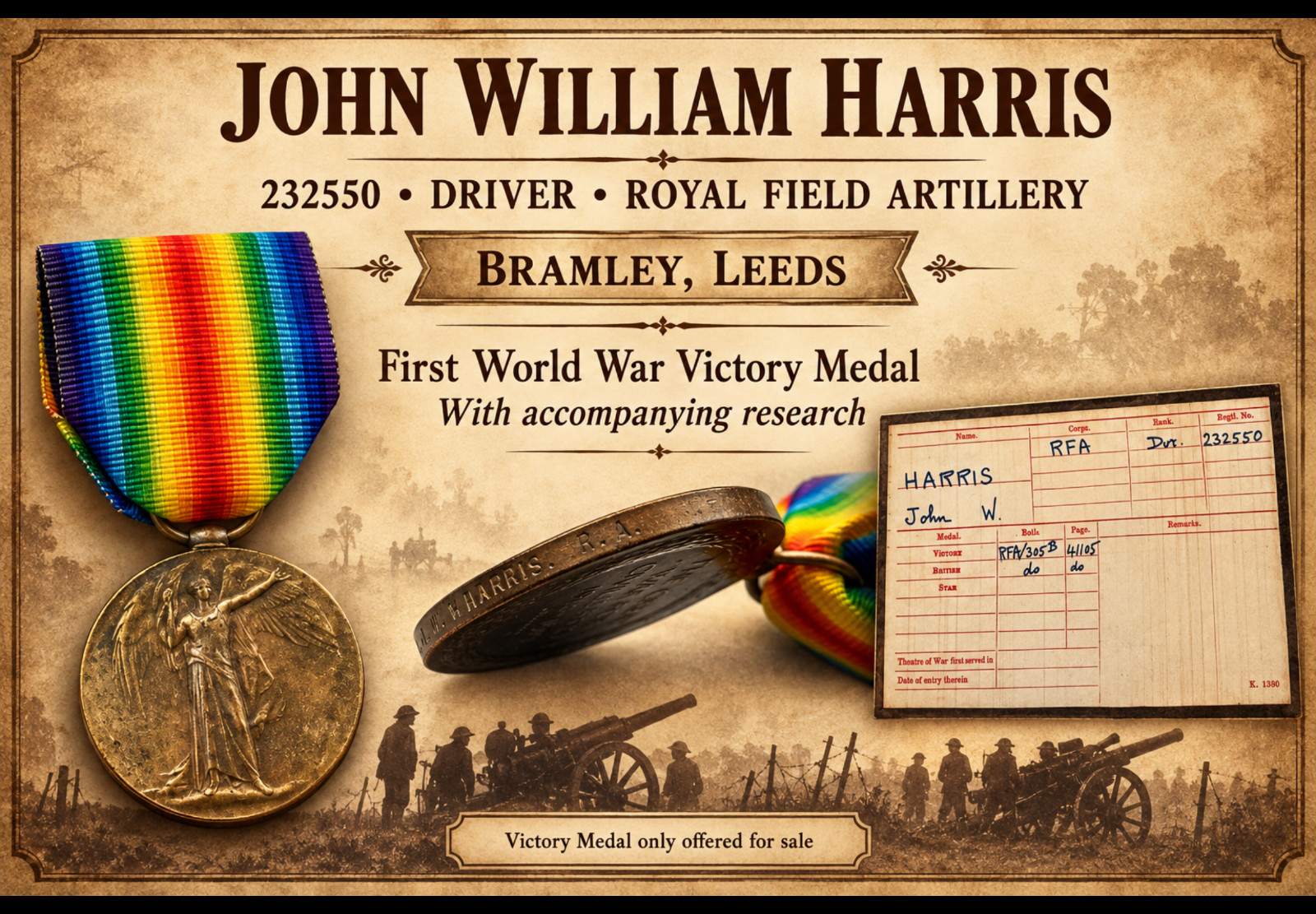 **WW1 Victory Medal 232550 Dvr J W Harris Royal Artillery Bramley Leeds Research **WW1 Victory Medal 232550 Dvr J W Harris Royal Artillery Bramley Leeds Research