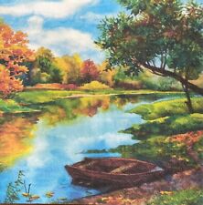 Two Individual Paper Luncheon Decoupage European Napkins River Fall Boat Nature picture
