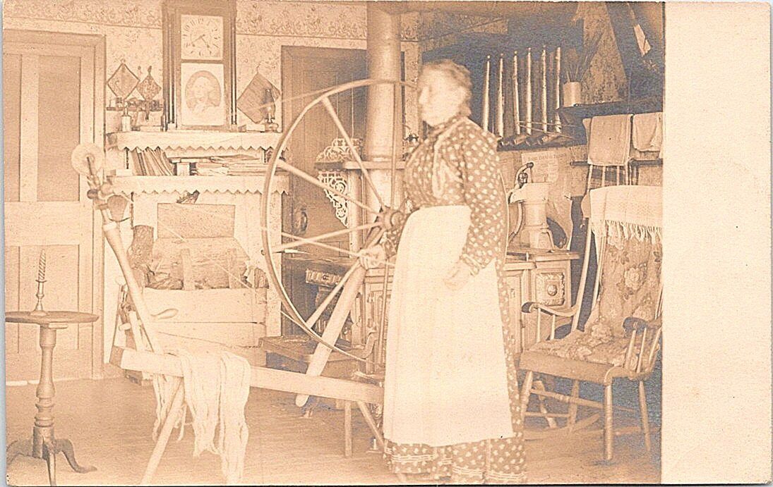 RPPC Barre Vermont Woman in Home w/ Large Spinning Wheel early 1900s NEAT