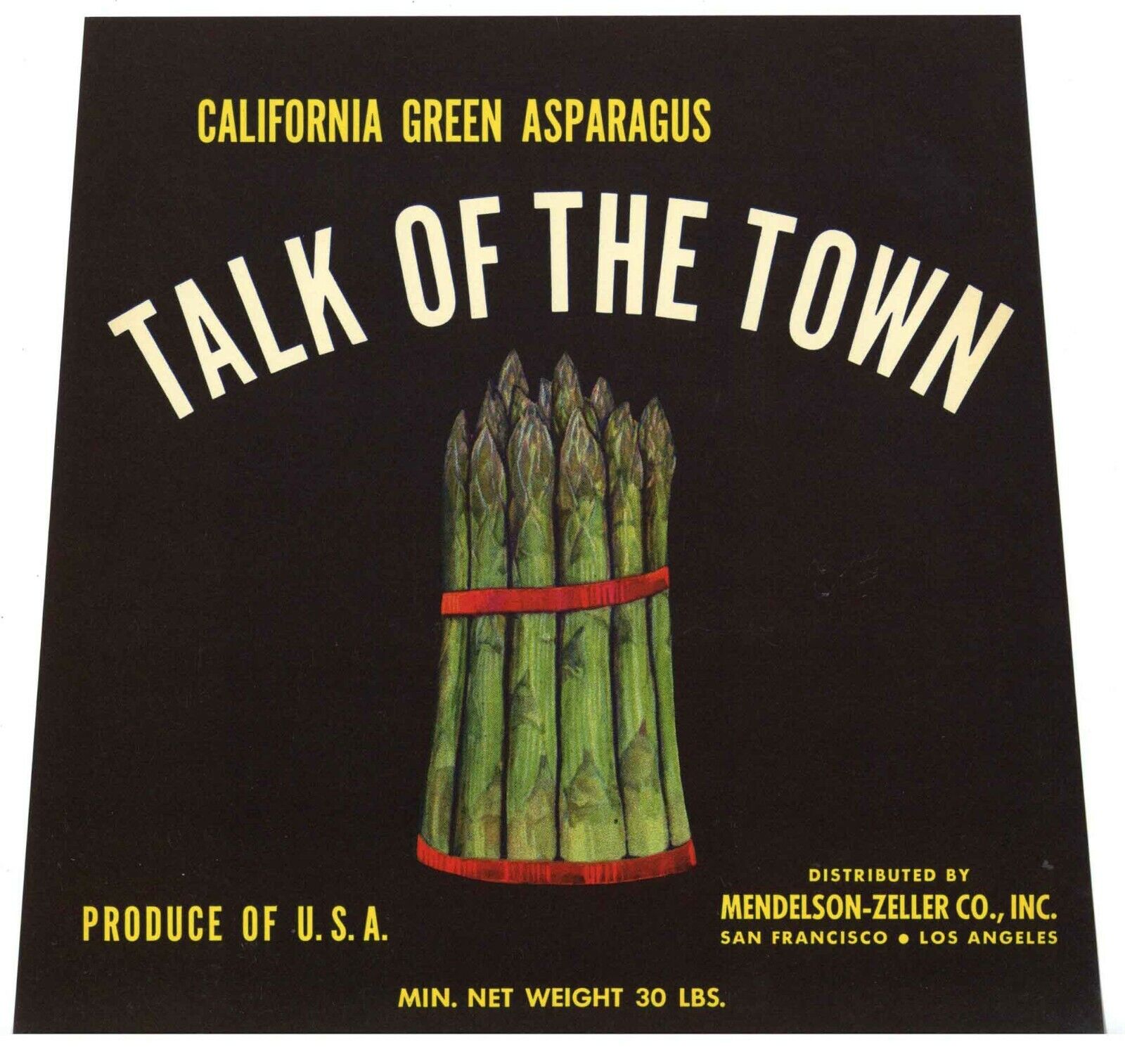 TALK OF THE TOWN Vintage California Asparagus Crate Label, **AN ORIGINAL LABEL**