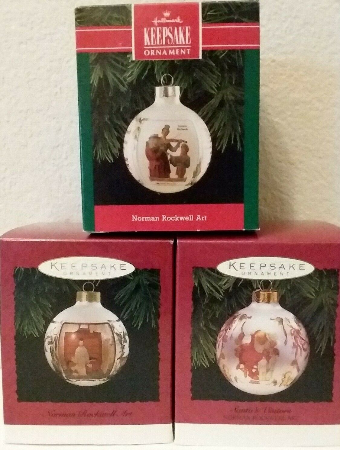 Hallmark 1992, 1994 & 1995 Vintage Norman Rockwell Glass Ball Ornaments (3) MIB