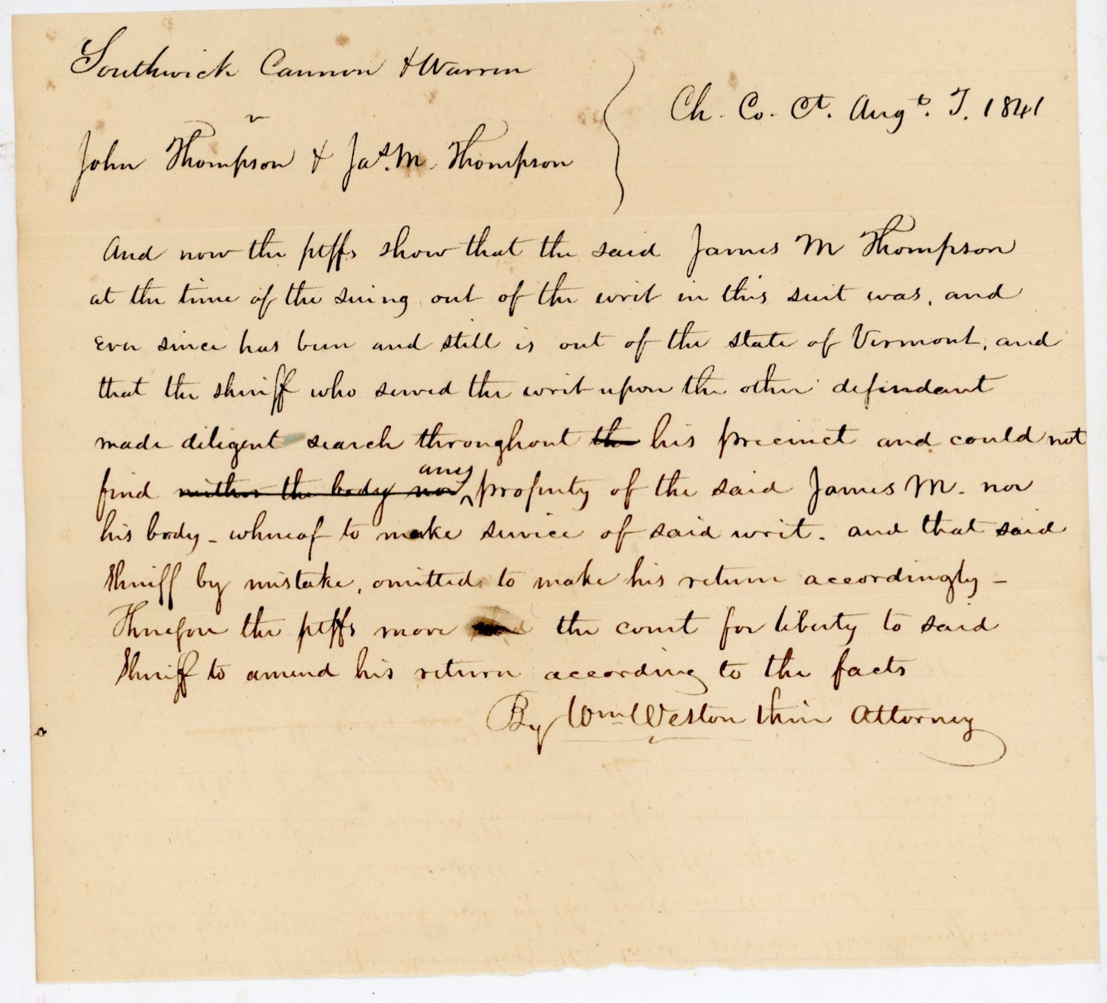 1841 Chittenden Vermont Legal Motion Document Southwick Cannon Warren Thompson 1841 Chittenden Vermont Legal Motion Document Southwick Cannon Warren Thompson