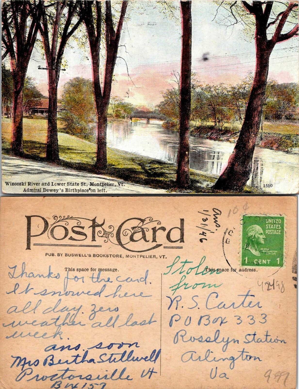 Montpelier VT Winooski River Postcard Used (42498)