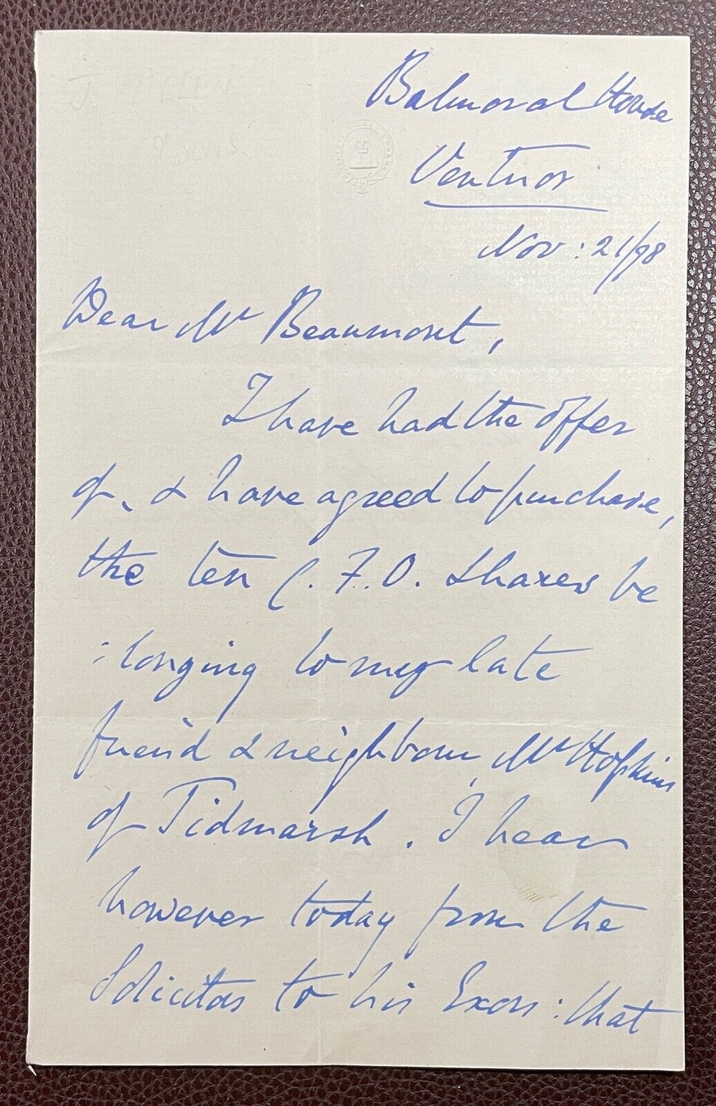 1898 Letter from F. Wilder, Balmoral House, Ventnor, Isle of Wight