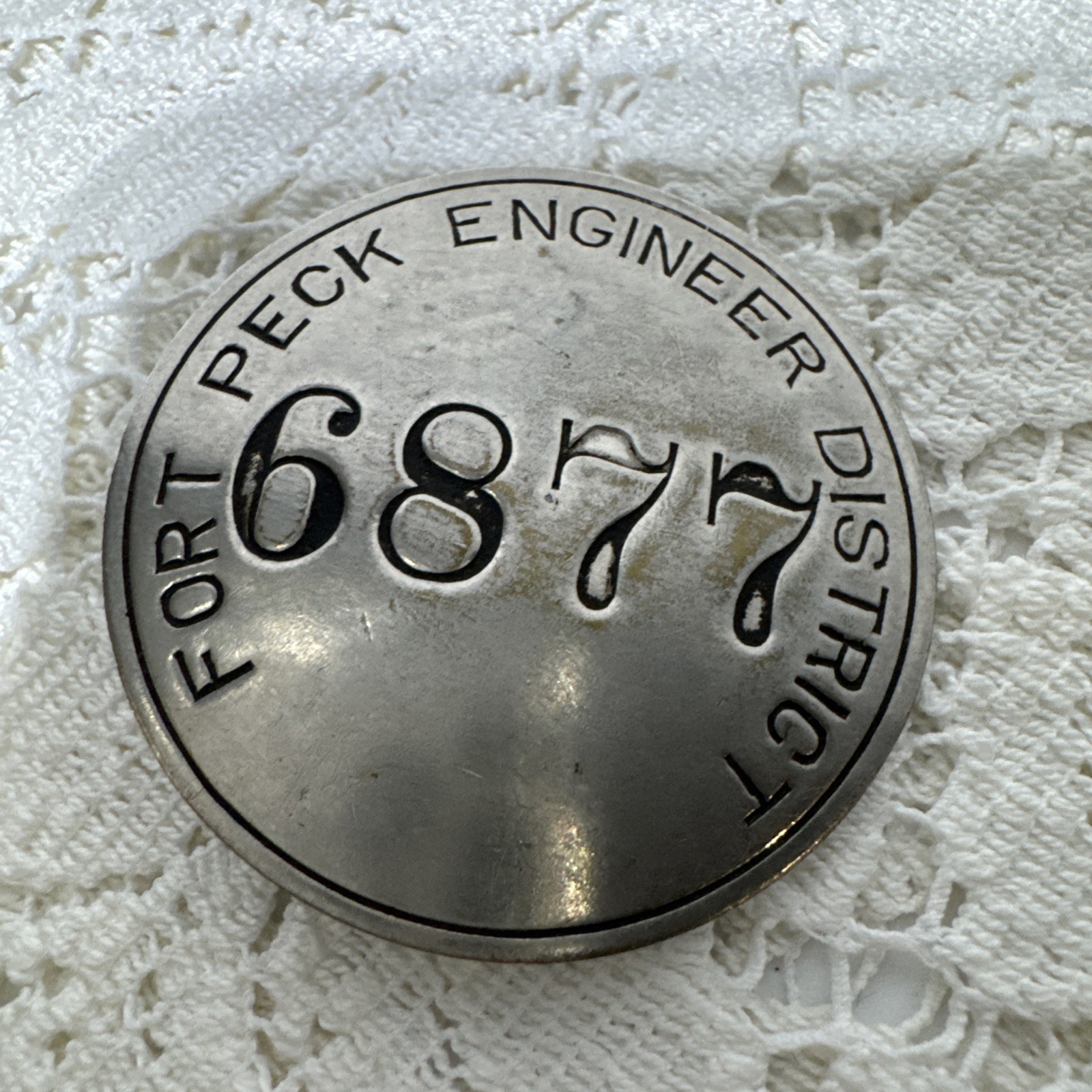 Fort Peck Engineer District Employee ID Badge #6877 - WJ Cooley Maker Fort Peck Engineer District Employee ID Badge #6877 - WJ Cooley Maker