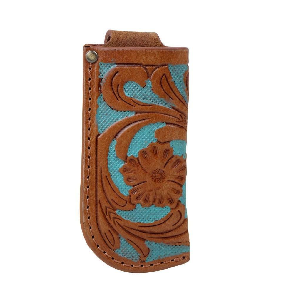 Myra Knife Sheath Leather Tooled Hand Painted Turquoise Brown S-4845