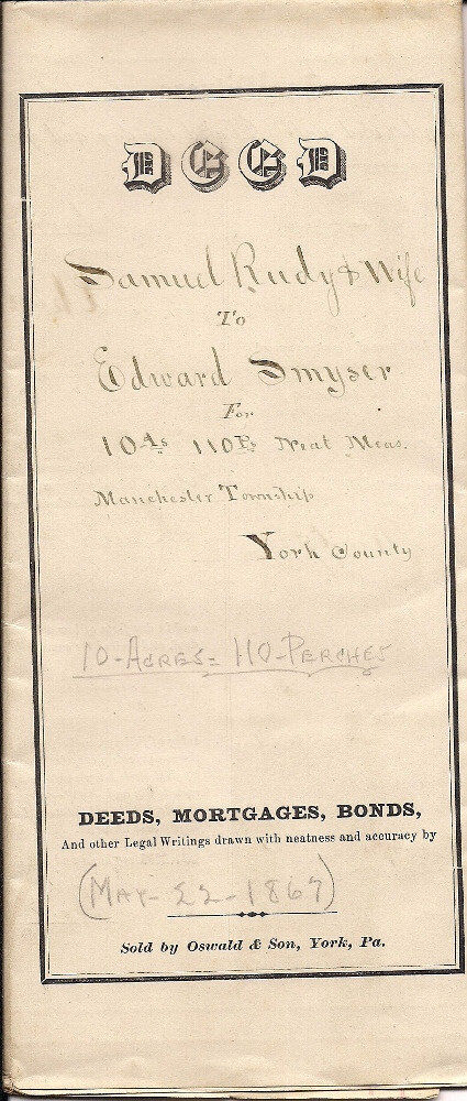 1857 York PA Historic Document Samuel Rudy Smyser DEED with IRS CONVEYANCE STAMP