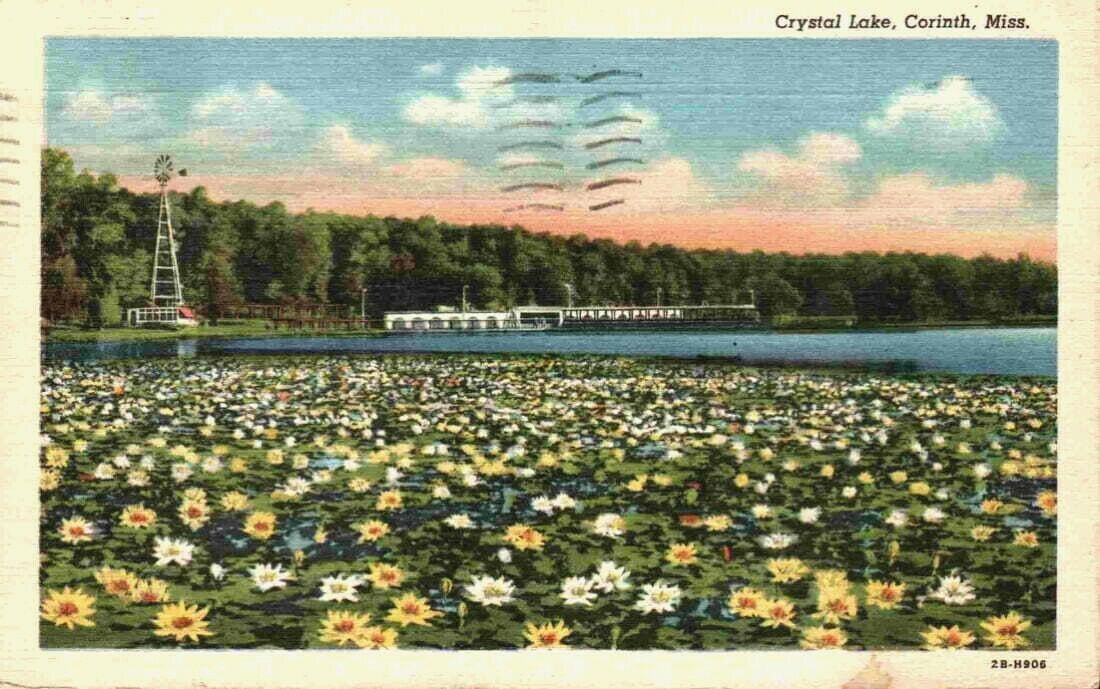 Windmill Lily Pads Crystal Lake Corinth MS Mississippi 1930's 1940's Postcard
