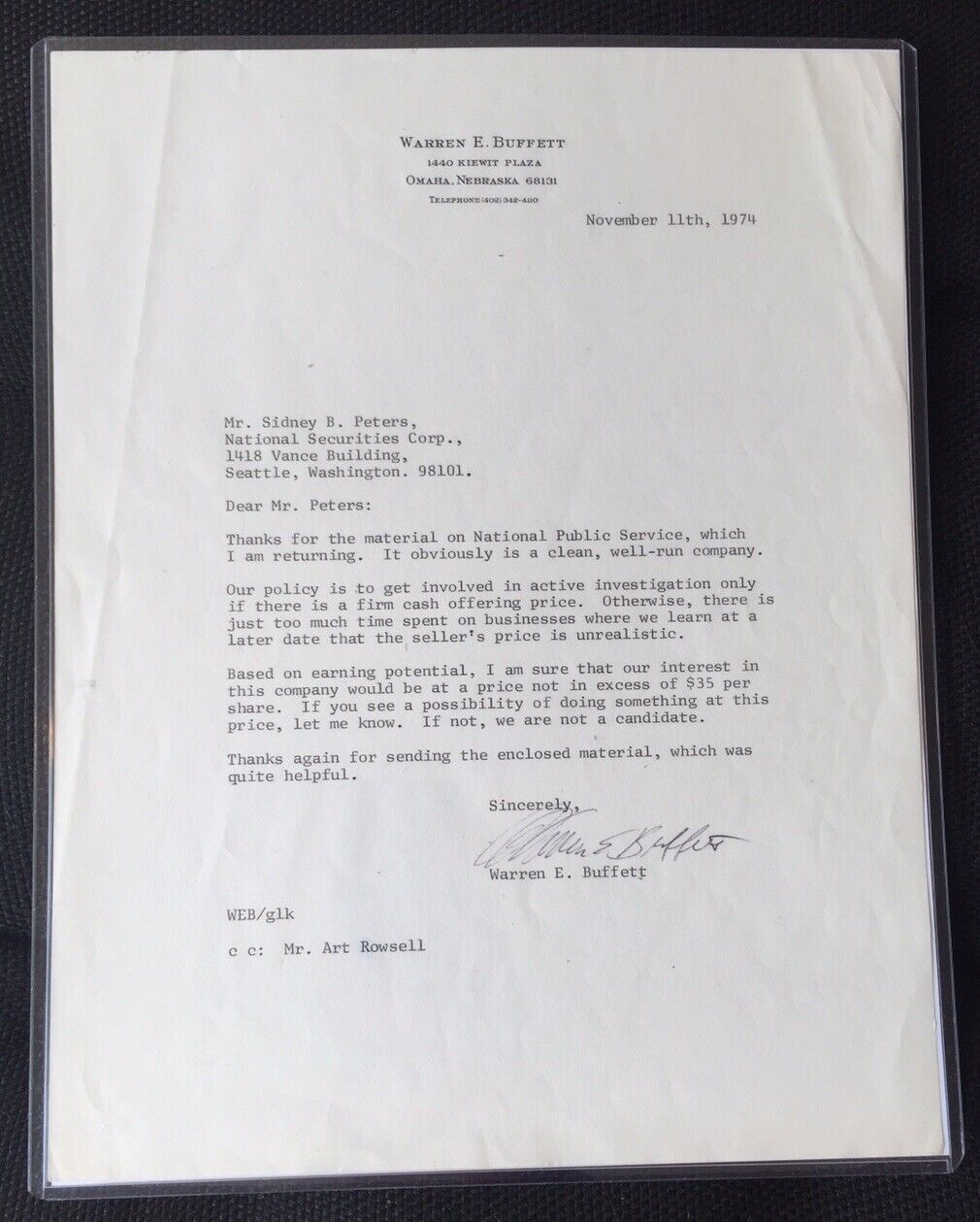 1974 RARE Warren Buffett Signed Autograph LETTER With COA Berkshire Hathaway