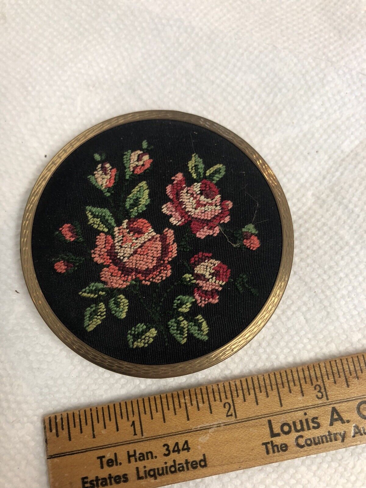 Vintage Stratton England Brass Compact Mirror Beautiful Embroidered Roses