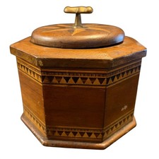 Antique Tunbridge Ware Octagonal Wood Inlay Tea Caddy Trinket Box Star Lid picture