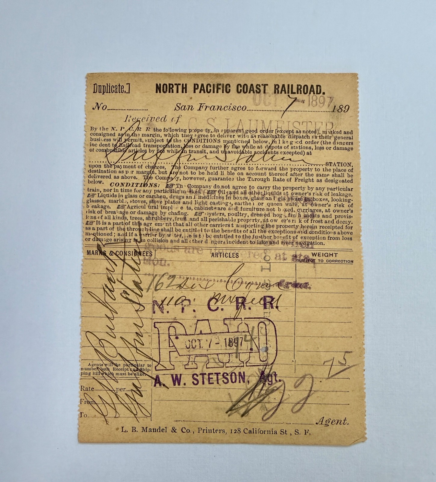 1897 North Pacific Coast Railroad Receipt Griffin Station Tomales 1897 North Pacific Coast Railroad Receipt Griffin Station Tomales