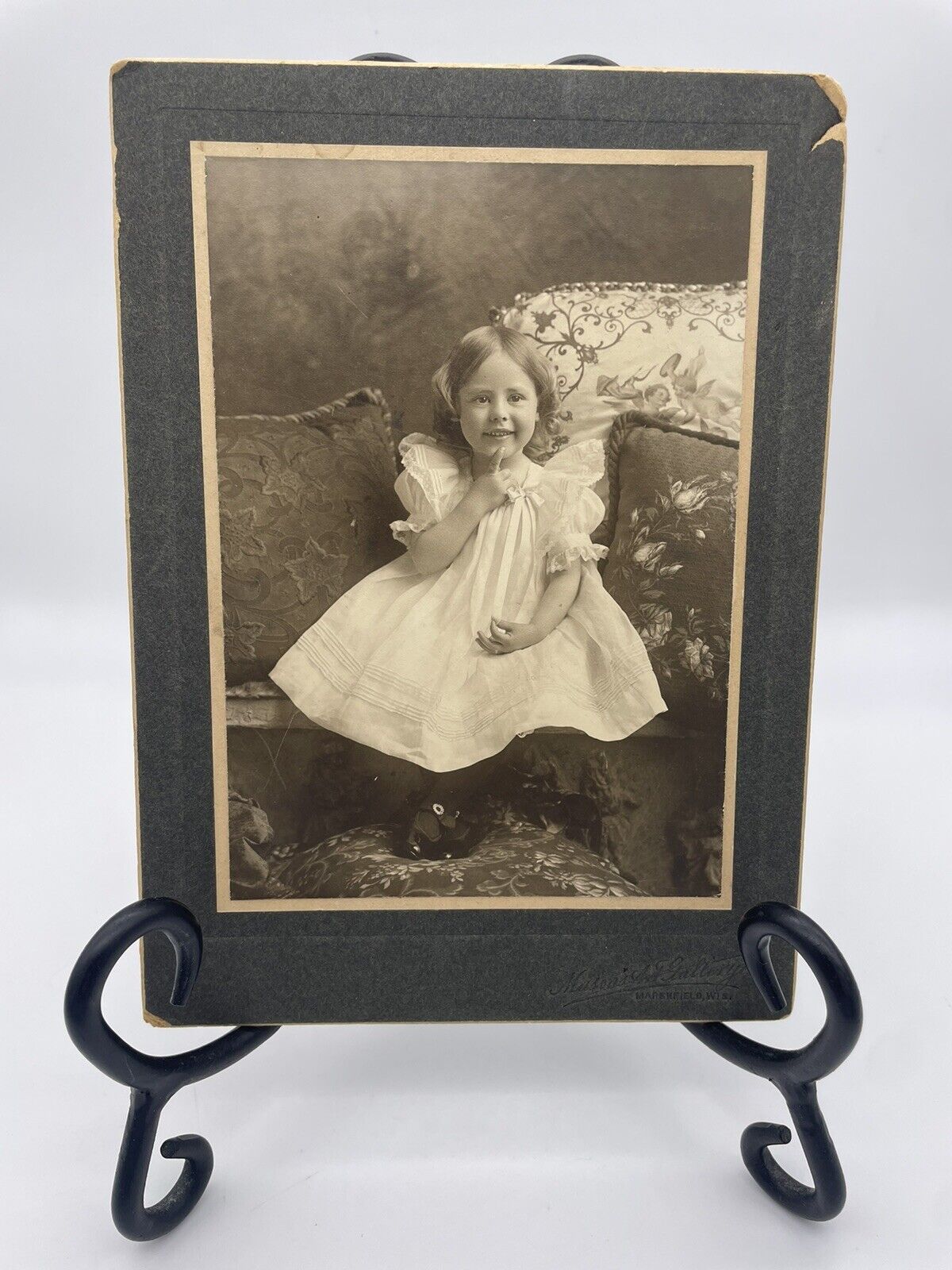 Antique Cabinet Card Photograph Adorable Little Girl Cute Pose Marshfield WI 5x7