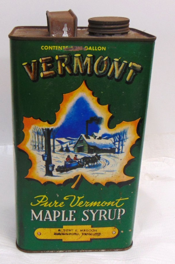 Rare Pure Vermont Robert E Magoon VT Maple Syrup Graphic One Gallon Tin Can VTG