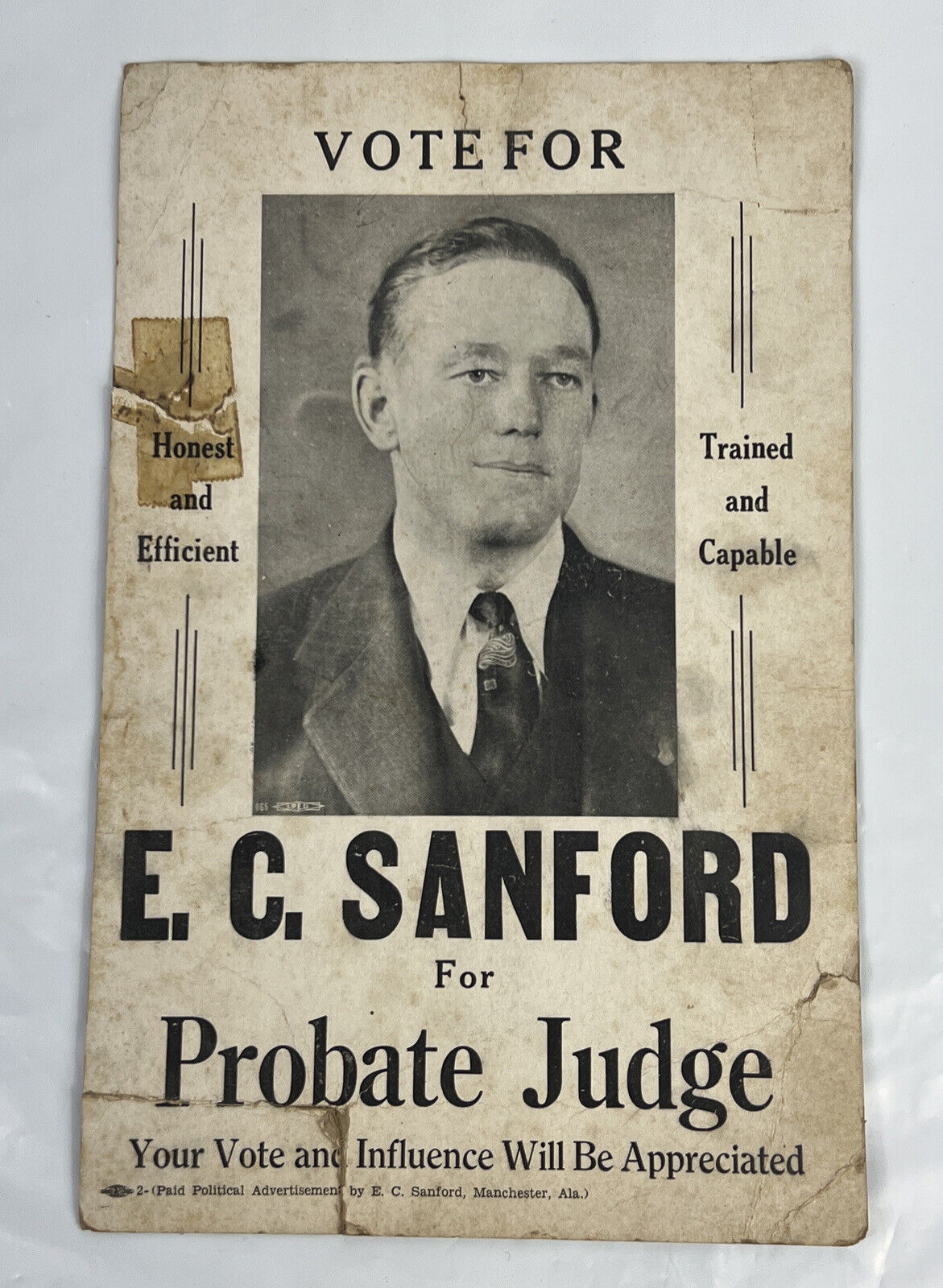 Manchester Alabama E.C. Sanford for Probate Judge 1930s Election Poster 11x7 WOW