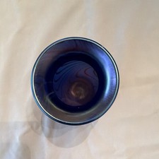 Orient and Flume Signed Glass Vase by Braley. Iridescent Blue and Copper Colors picture