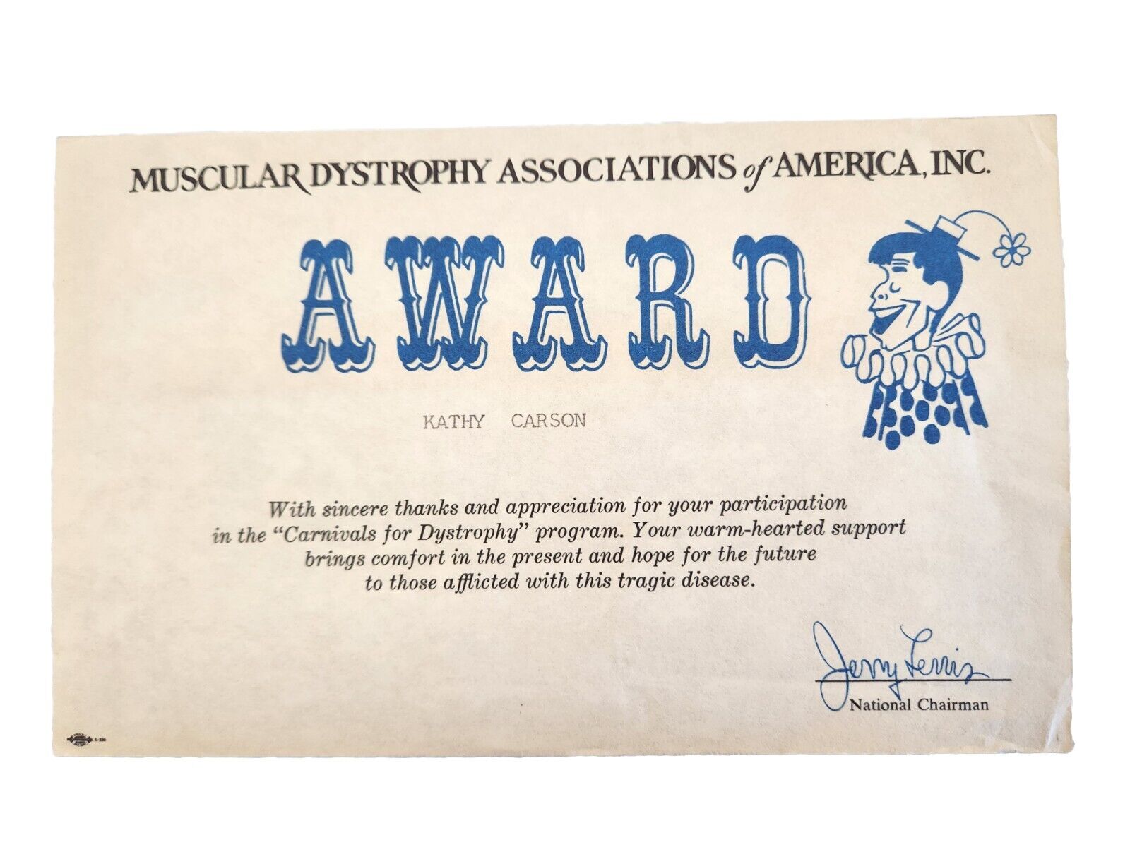 JERRY LEWIS Signed MDA CARNIVAL AWARD 1960s