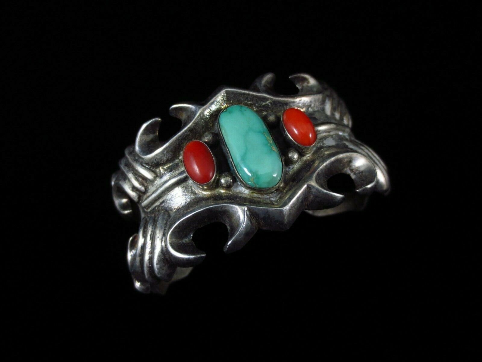 Vintage Navajo Bracelet - Coin Silver, Turquoise, and Coral - Scorpion