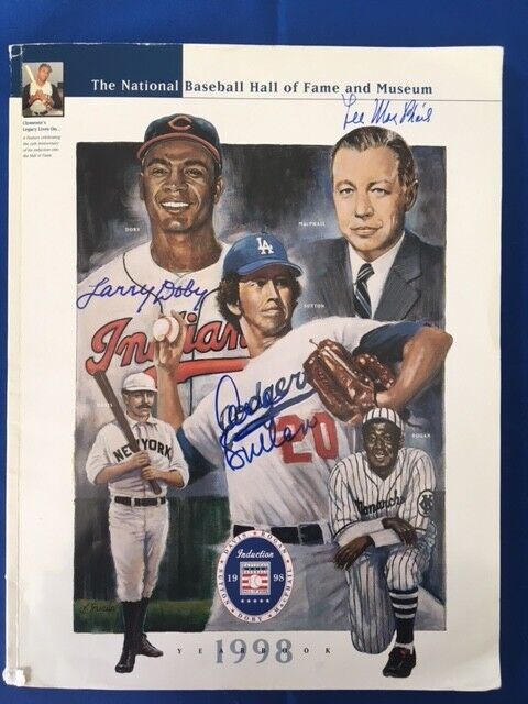 Autographed 1998 Hall of Fame program signed by Doby, MacPhail and Sutton