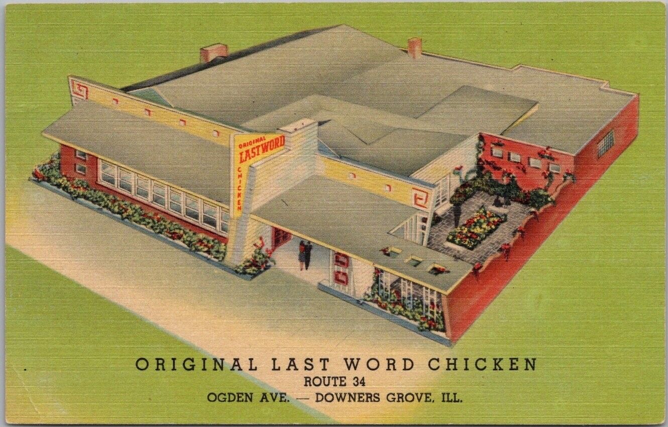 DOWNERS GROVE, Illinois Postcard ORIGINAL LAST WORD CHICKEN Restaurant / Linen