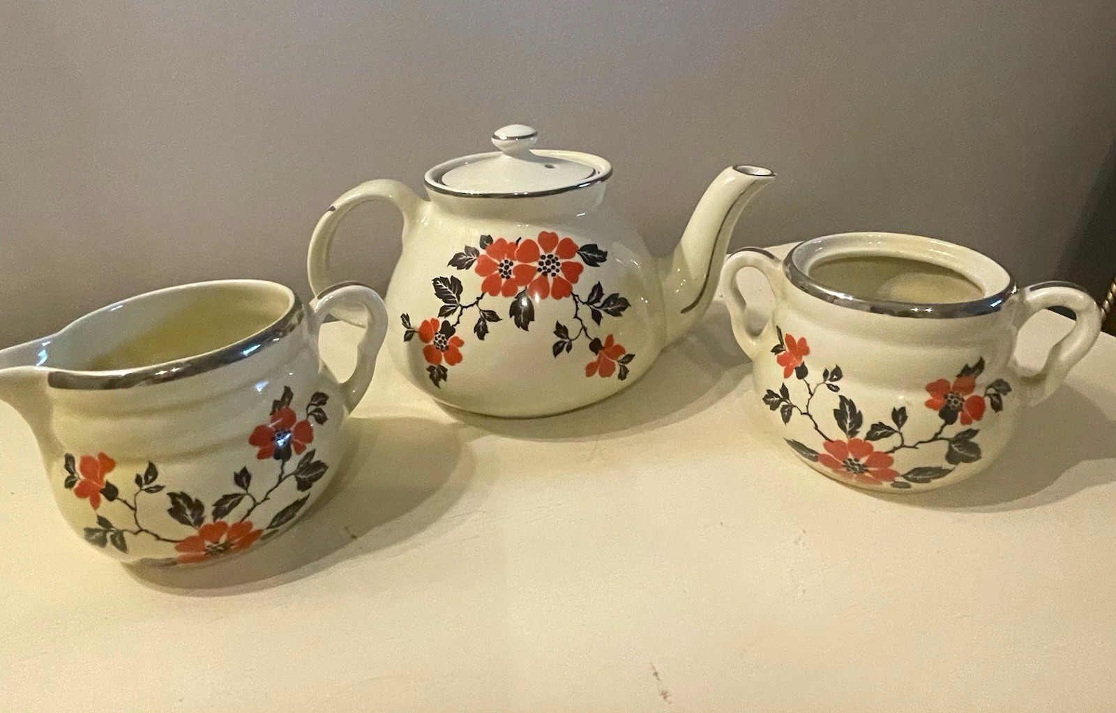 Hall Poppy Floral Teapot, creamer and sugar bowl