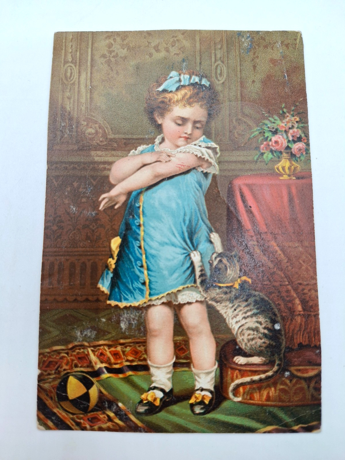 Jayne's Tonic Vermifuge Girl Scratched by Kitten Victorian Trade Card Jayne's Tonic Vermifuge Girl Scratched by Kitten Victorian Trade Card