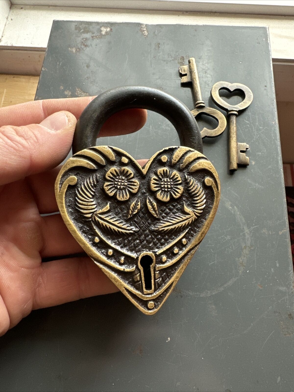Victorian Heart Padlock Keys Lock Patina Brass Castle Collector GIFT Rapunzel