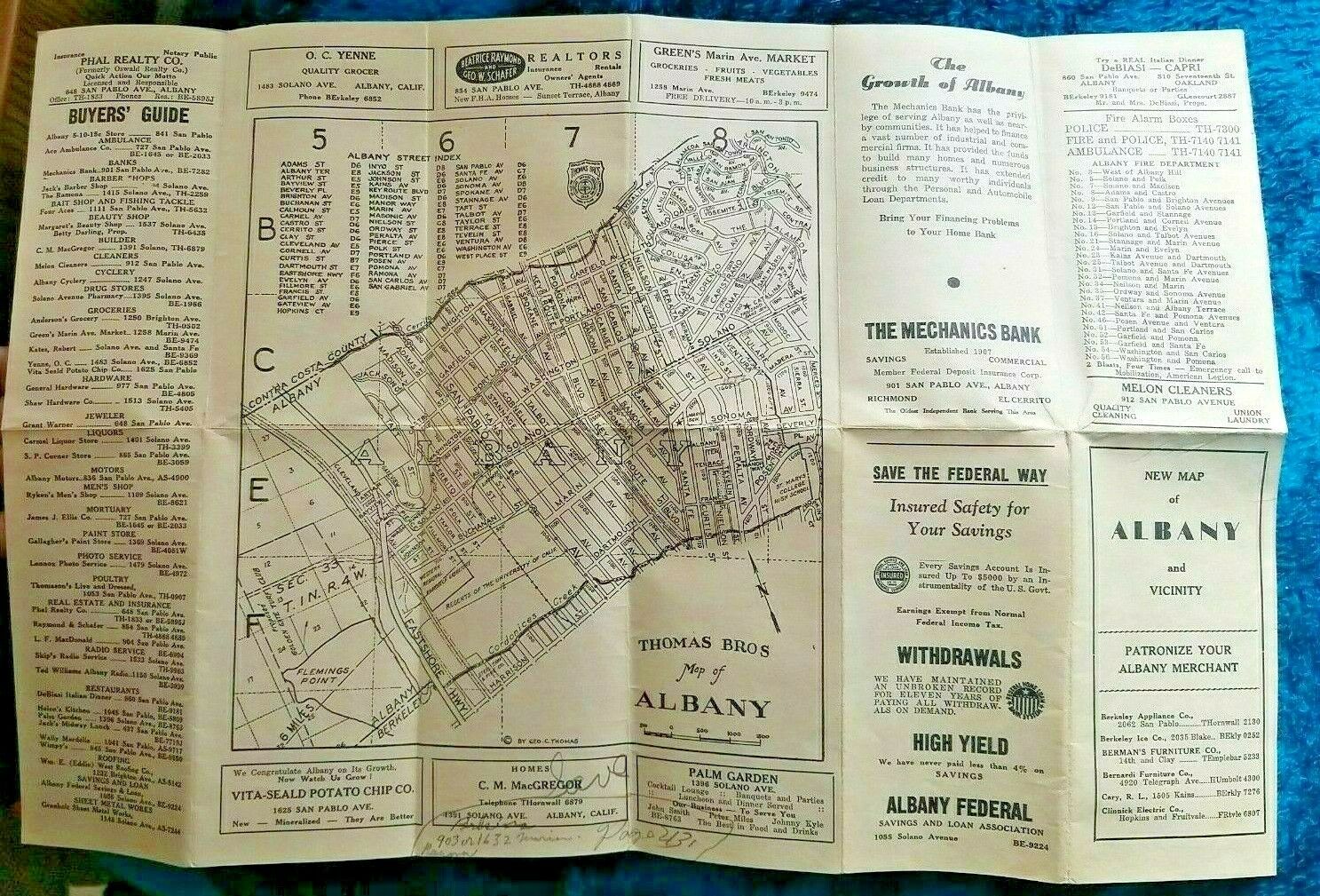 1940's Thomas Bros Street Map ALBANY CA and Vicinity Includes SAN FRANCISCO