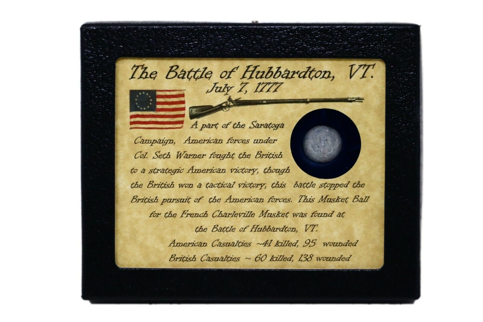 The Battle of Hubbardton, VT Revolutionary War Bullet in Display Case and COA