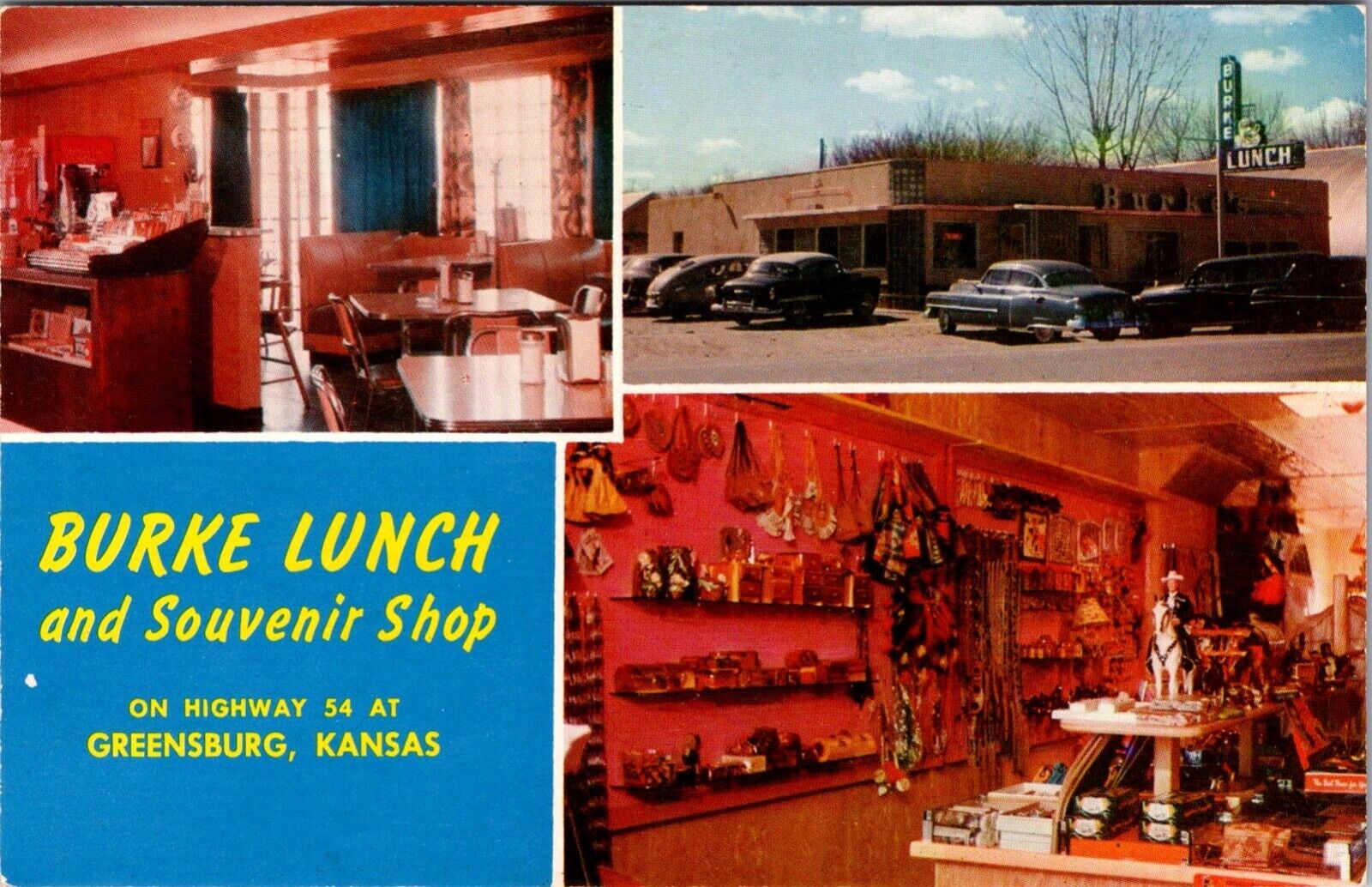 Postcard Burke Lunch and Souvenir Shop Hwy 54 Greensburg Kansas KS Cars Well