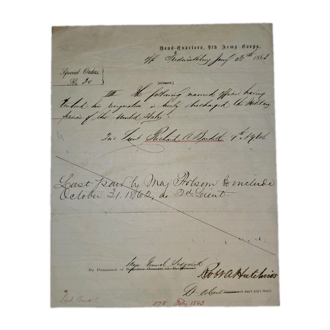 1863 Civil War Fredericksburg IX Corps Order Hawkins Zouaves Hutchins Signed 1863 Civil War Fredericksburg IX Corps Order Hawkins Zouaves Hutchins Signed