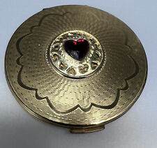 Vintage Stratton Compact England Gold Tone Red Rhinestone Heart Design w/Mirror picture