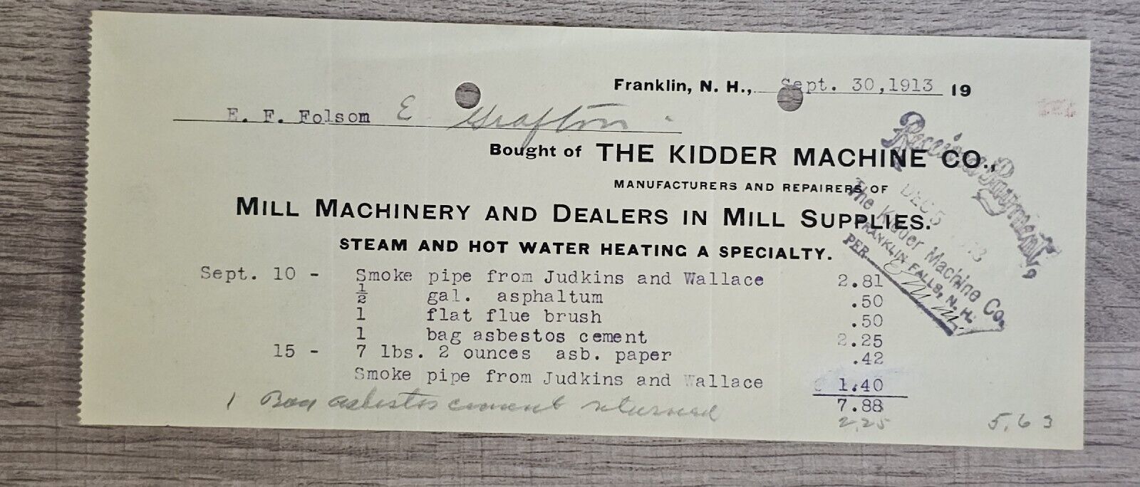 1919  Kidder Machine Co Mill Machinery & Supplies Billhead Receipt Franklin, NH