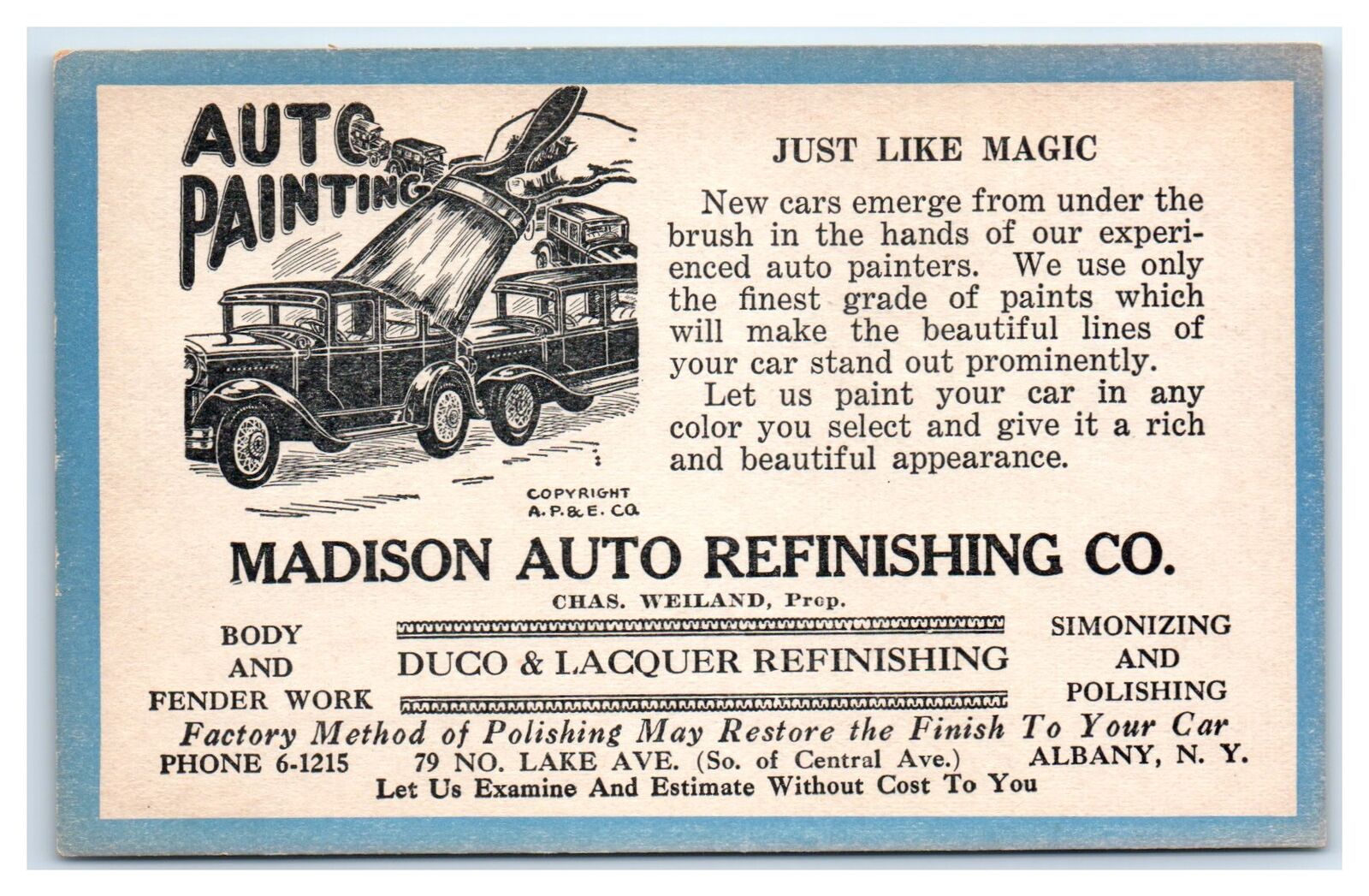 Albany, NY Postcard- MADISON AUTO REFINISHING COMPANY Painting Cars