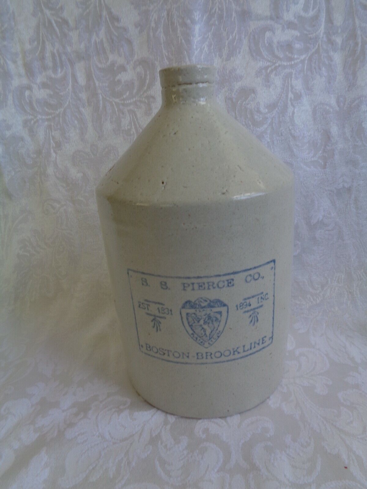S.S.Pierce Co Boston Brookline Whiskey Medicine Stoneware Jug 1/2 gallon.