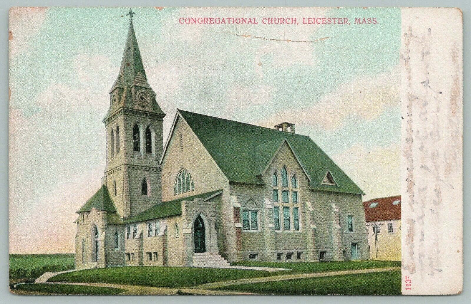 Leicester Massachusetts~Congregational Church~Clock Tower~c1904~Postcard